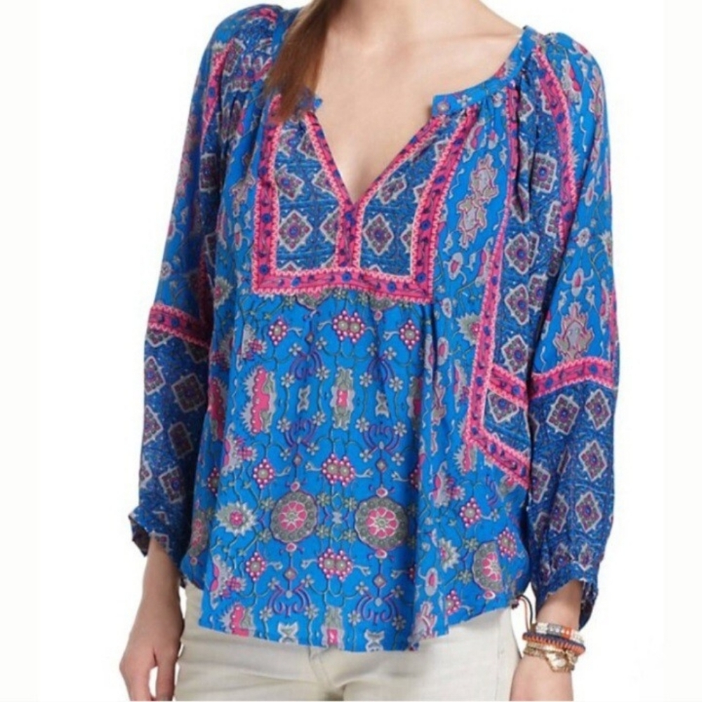 Tolani 100% Silk Relaxed Peasant Blouse Size Small